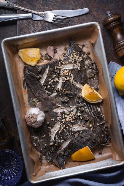 Baked flounder in the backing dish on stone table