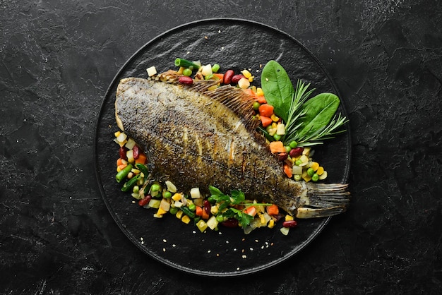 Baked Flounder Fish with Vegetables on a Black Stone Plate Seafood Top view Free space for your text