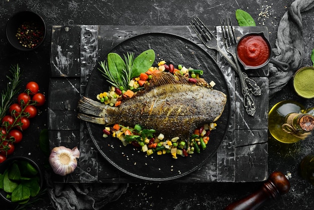 Baked Flounder Fish with Vegetables on a Black Stone Plate Seafood Top view Free space for your text