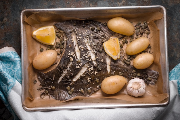 Baked flounder with potato and seasoning in the backing dish on the stone table top view