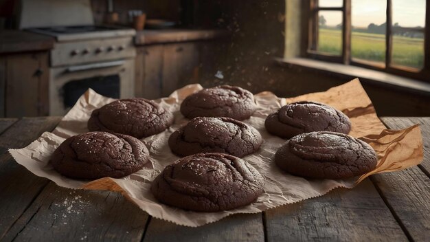 Baked fresh chocolate cookies on brown paper on wooden table