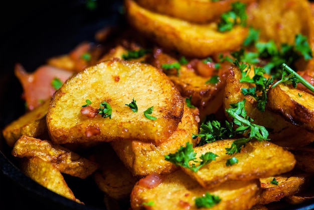 Baked fried potatoes with garlic on wooden table background