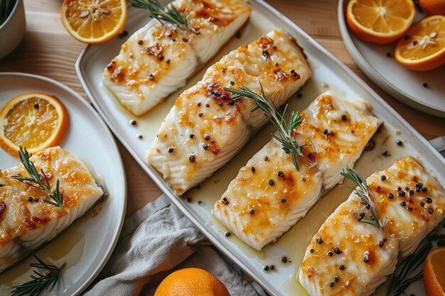 Photo baked halibut fillet on kitchen table plate professional advertising food photography