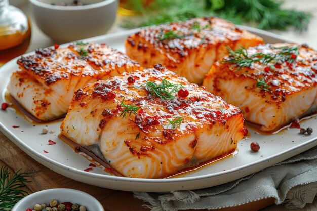 Foto filetto di halibut cotto sul piatto da tavola della cucina fotografia alimentare pubblicitaria professionale