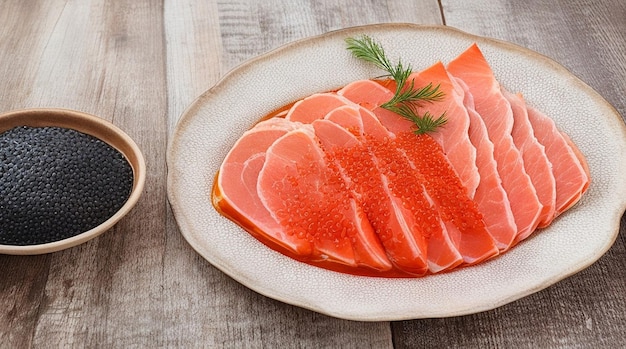 Baked ham and red caviar served on old wooden table