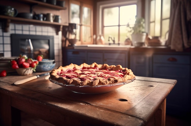 Baked homemade strawberry pie on rustic wooden table kitchen background AI generated selective focus