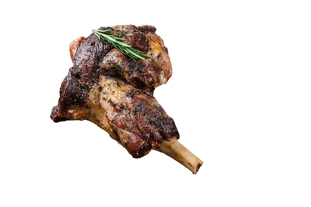 Baked lamb mutton leg meat on a wooden cutting board High quality Isolate white background