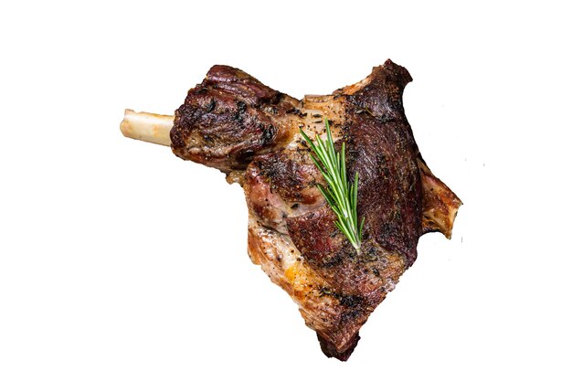 Baked lamb mutton leg meat on a wooden cutting board High quality Isolate white background