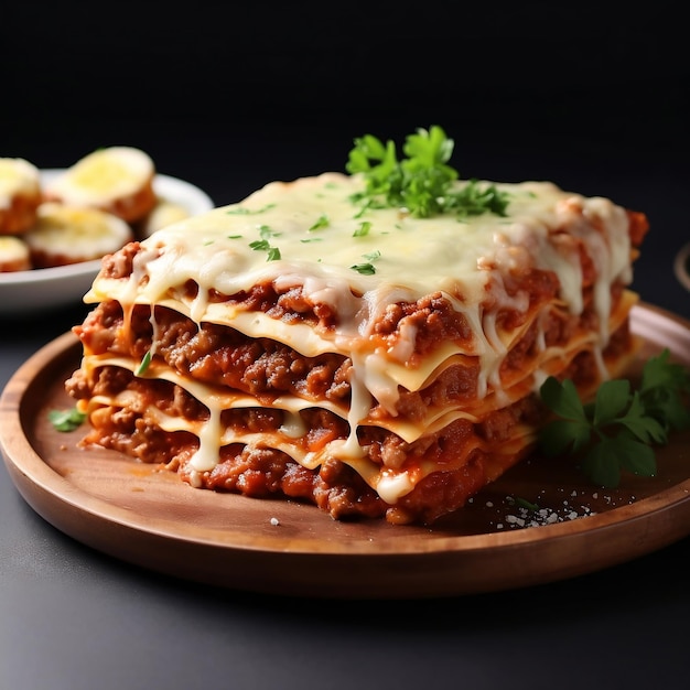 Baked lasagna with minced meat and cheese on a wooden plate