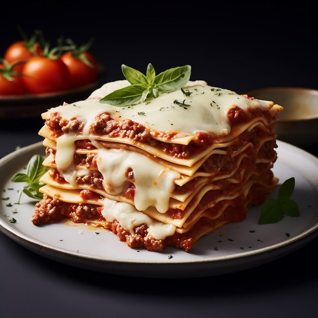 Baked lasagna with minced meat and cheese on a wooden plate