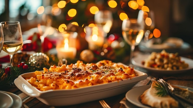 Baked Macaroni and Cheese Casserole against a holiday feast table