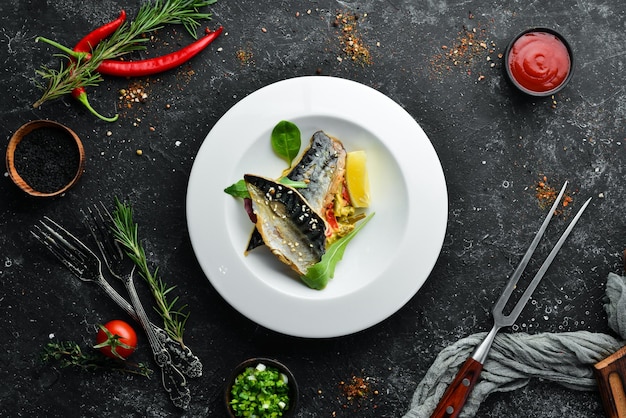 Baked mackerel fillet with vegetables Top view Free space for your text