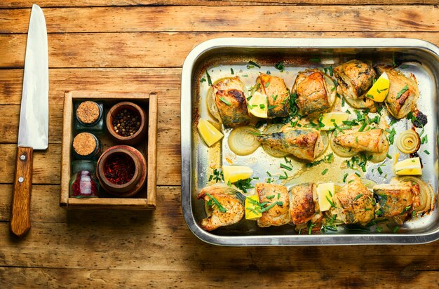 Baked mackerel on an onion pillow