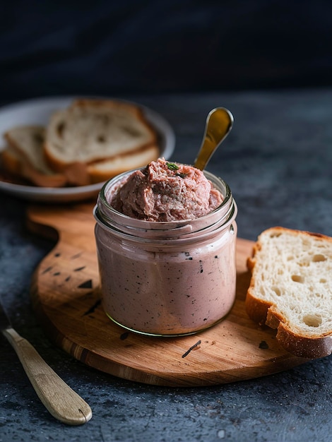 Photo baked meat pate in jar and on bread on a dark background
