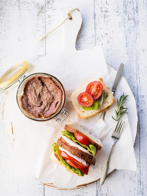 Baked meat pate in jar and on bread Delicious sandwich