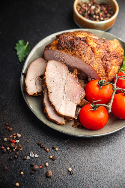 구운 고기 돼지 고기 집에서 만든 햄 요리 건강한 식사 음식 다이어트 간식 테이블 복사 공간 음식