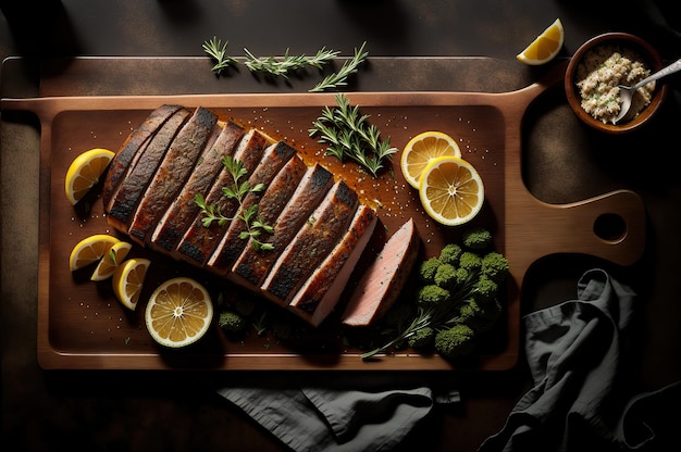 Baked meat pork with herbs and lemon on a wooden board top view Generative AI