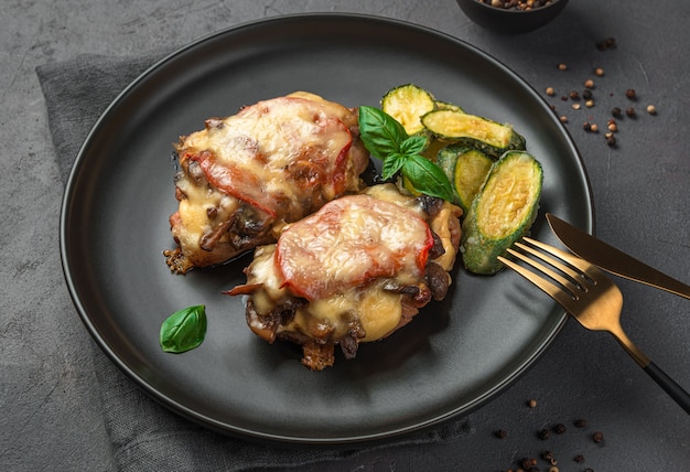 Carne al forno con funghi, pomodori e formaggio con contorno delle loro zucchine su fondo scuro. vista laterale, primo piano.