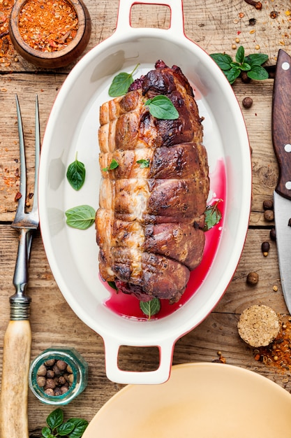 Baked meat on a wooden 