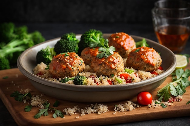 baked meatballs of chicken fillet with garnish with quinoa and boiled broccoli proper nutrition sports