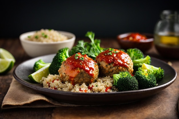 baked meatballs of chicken fillet with garnish with quinoa and boiled broccoli proper nutrition sports