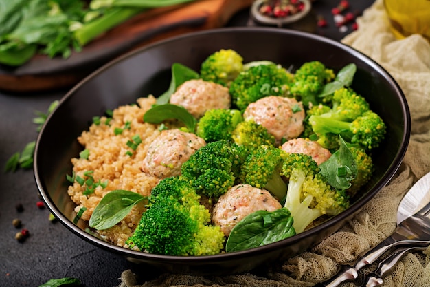 Baked meatballs of chicken fillet with garnish with quinoa and boiled broccoli.