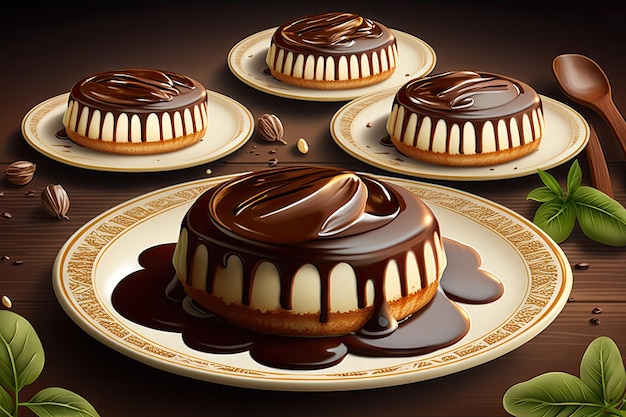 Baked mousse cakes with cream and chocolate glaze on round plate created with generative ai