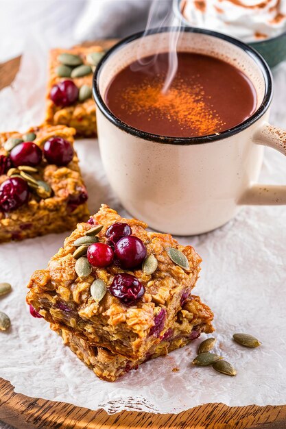 Baked oatmeal squares with cranberry and pumpkin seeds with spicy hot cocoa