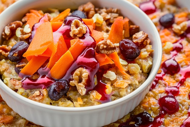 Baked oatmeal with carrot walnuts and raisins served with candied cranberry