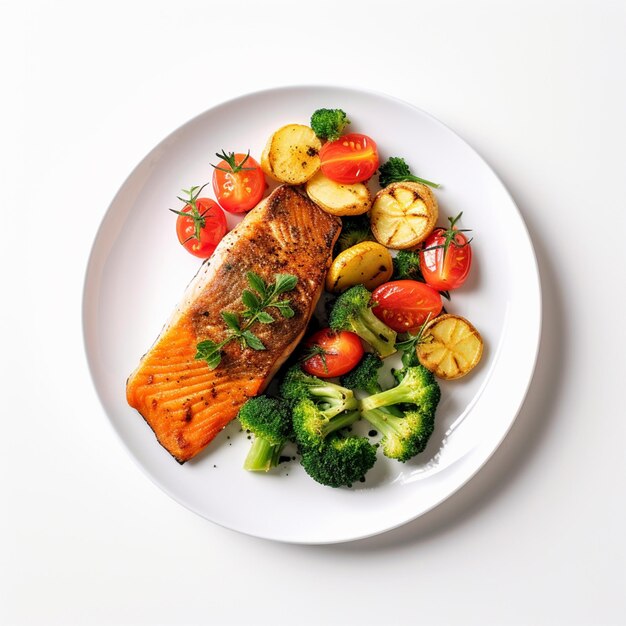 Baked panfried fish salmon garnished with vegetables on white background