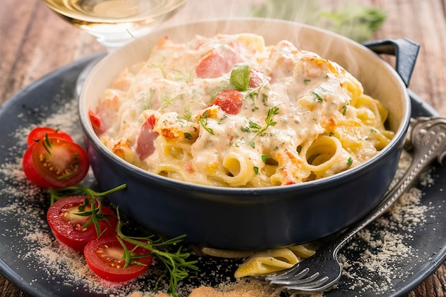 Baked pasta with cottage cheese sauce and herbs