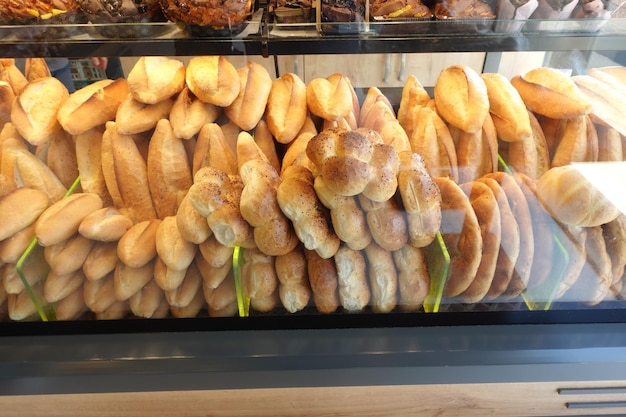 Baked pastry with glass window in the bakery