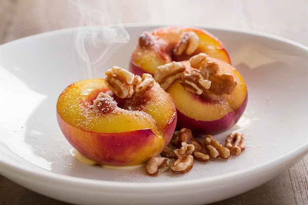 Photo baked peaches with sugar and walnuts on a plate