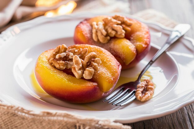 Photo baked peaches with sugar and walnuts on a plate