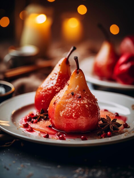 Photo baked pear in red whine and spices in white plate