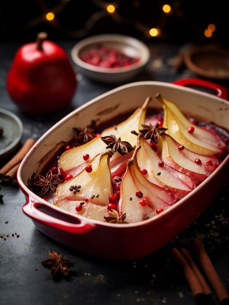 Baked pear in red wine and spices in a baking dish