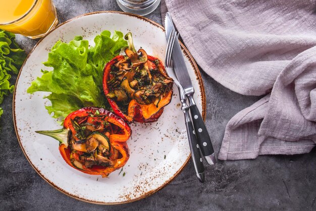 Baked pepper with vegetables Diet food Top view Copy space Toned photo