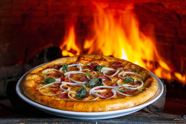 Baked pizza in the wood oven