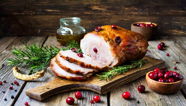 Baked pork on rustic wooden cutting board with spices herbs and cranberries