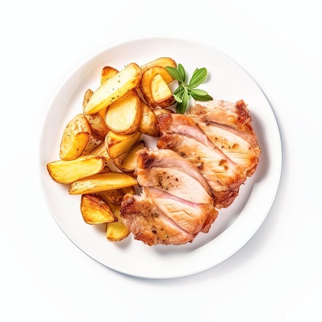 baked pork with potato wedges on a white plate