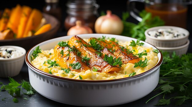 Baked porridge with grated carrots in a bowl on a white table