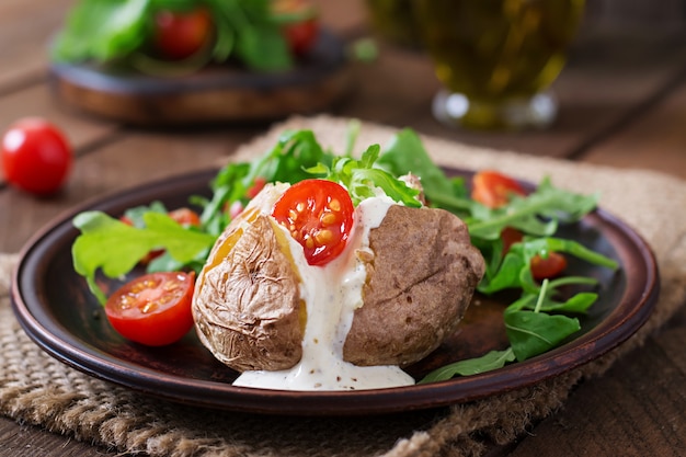 Baked potato filled with sour cream, arugula and tomatoes