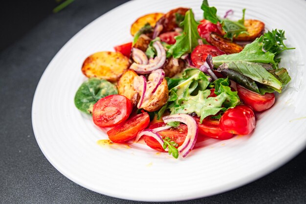 baked potato salad vegetable potato tomato onion salad leaves salad dressing vinaigrette