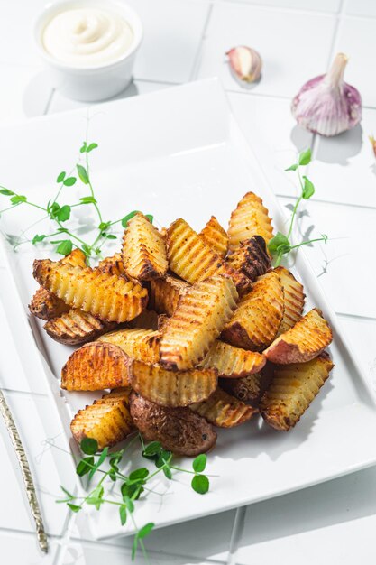 Baked potato slices on a light background