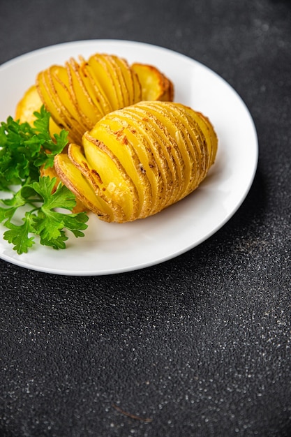 baked potato spicy slice accordion portion vegetable meal food snack on the table copy space food