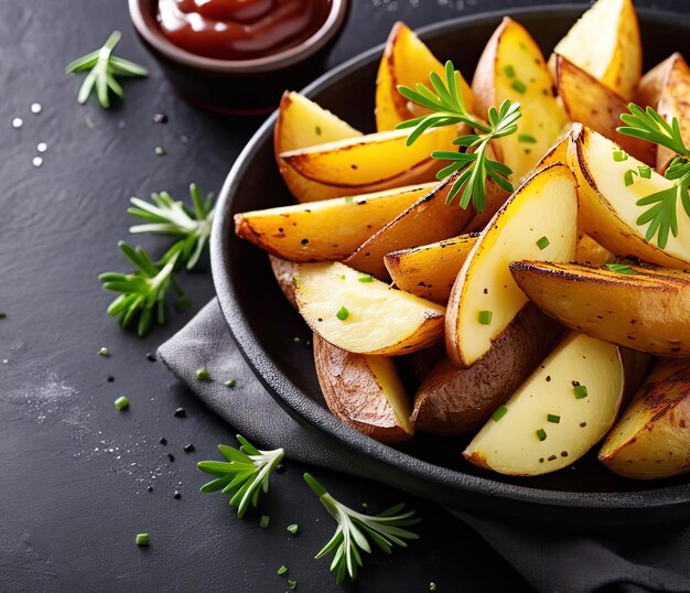 Baked potato wedges in frying pan