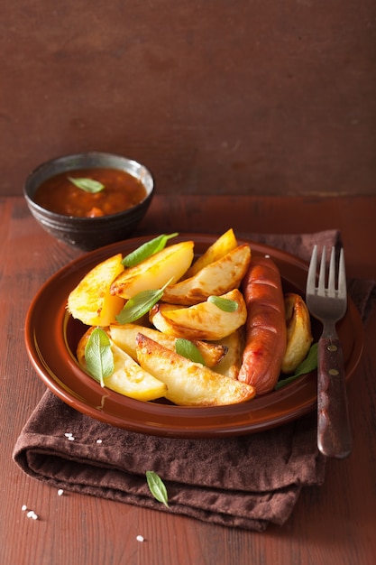 Baked potato wedges and sausage in plate over brown rustic table