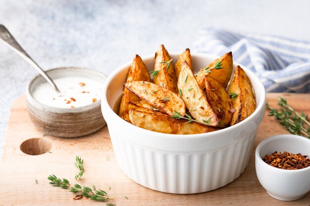 Baked potato wedges with paprika, thyme and sauce on a light background