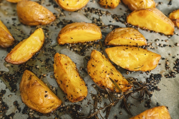 Baked potato wedges with rosemary and oil -  homemade organic vegetable vegan vegetarian potato wedges snack food meal.