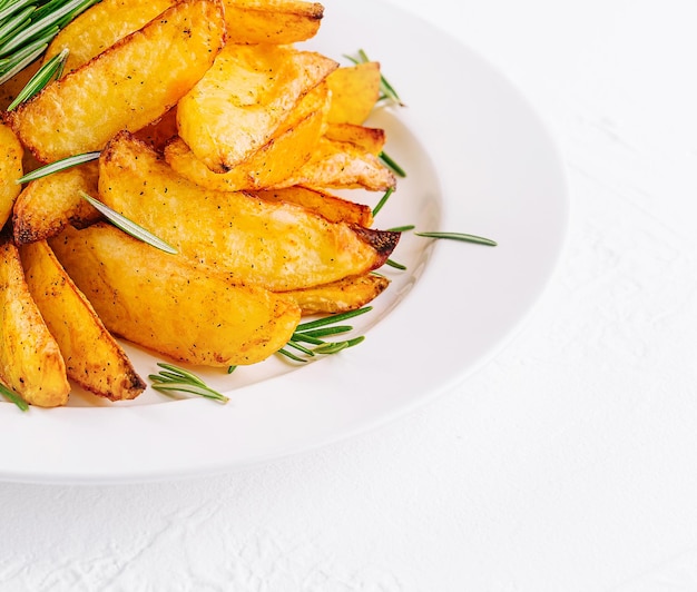 Baked potato wedges with rosemary on plate